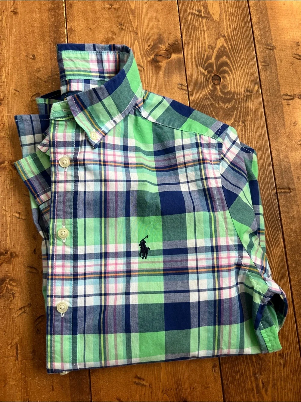 Ralph Lauren Button Down Shirt Boys Medium 10-12 Green Blue Plaid
